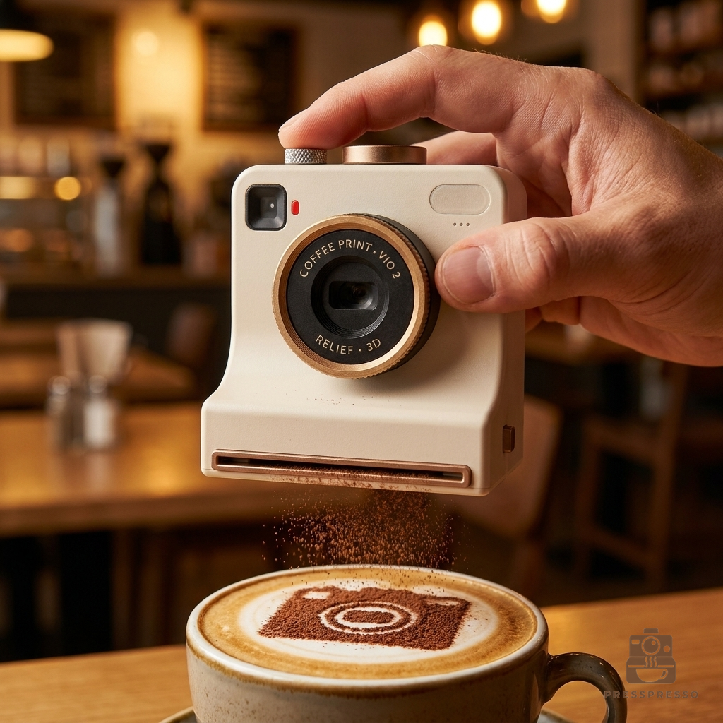 Presspresso Latte Art Camera - in use pressing the shutter over a latte