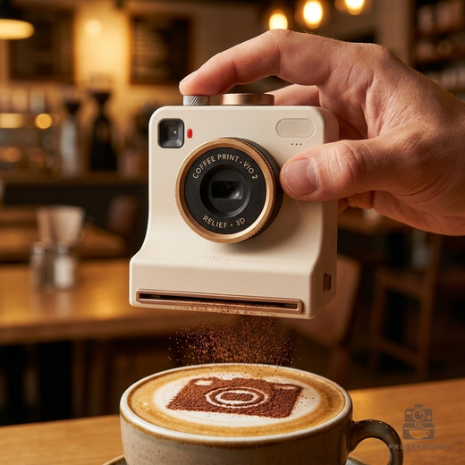 Presspresso latte art camera printing a design onto a latte