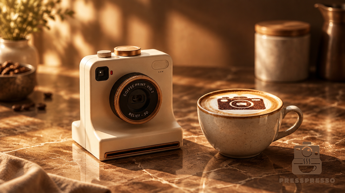 Presspresso latte art camera on marble counter, golden hour lighting